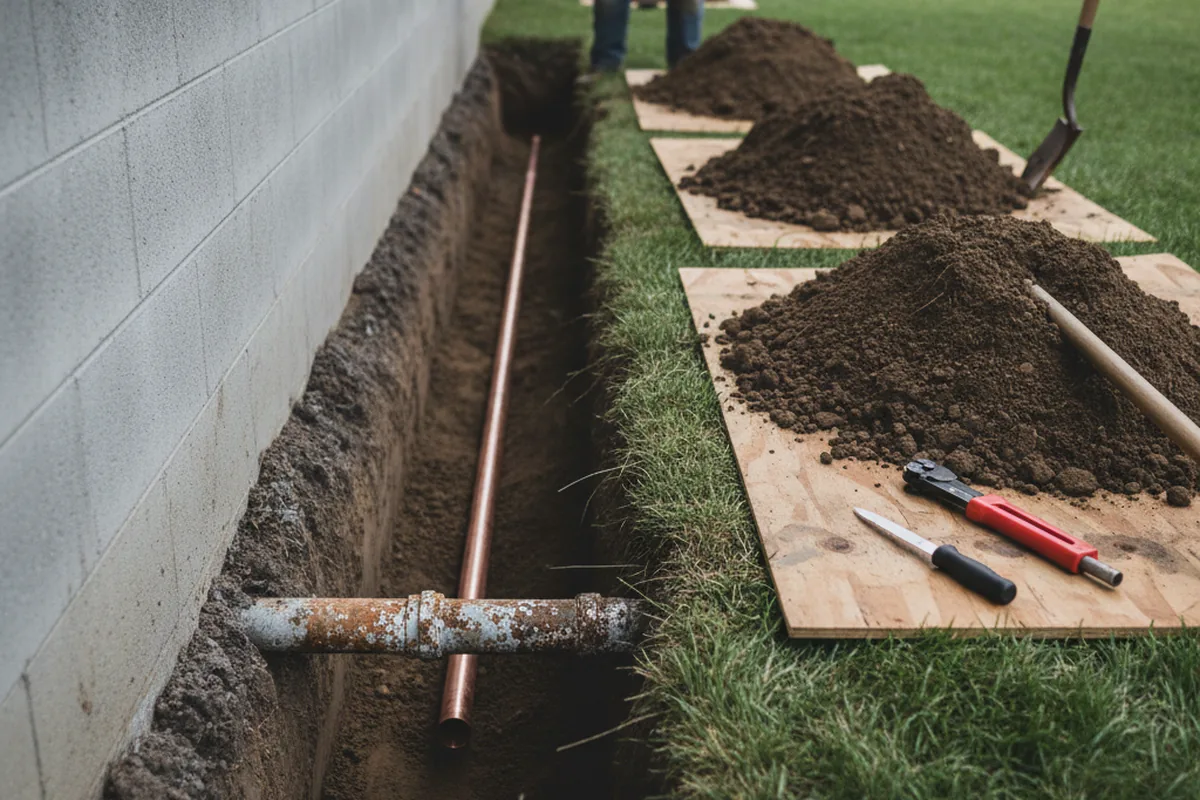 Excavated water line trench during Water Heater Repair in Chula